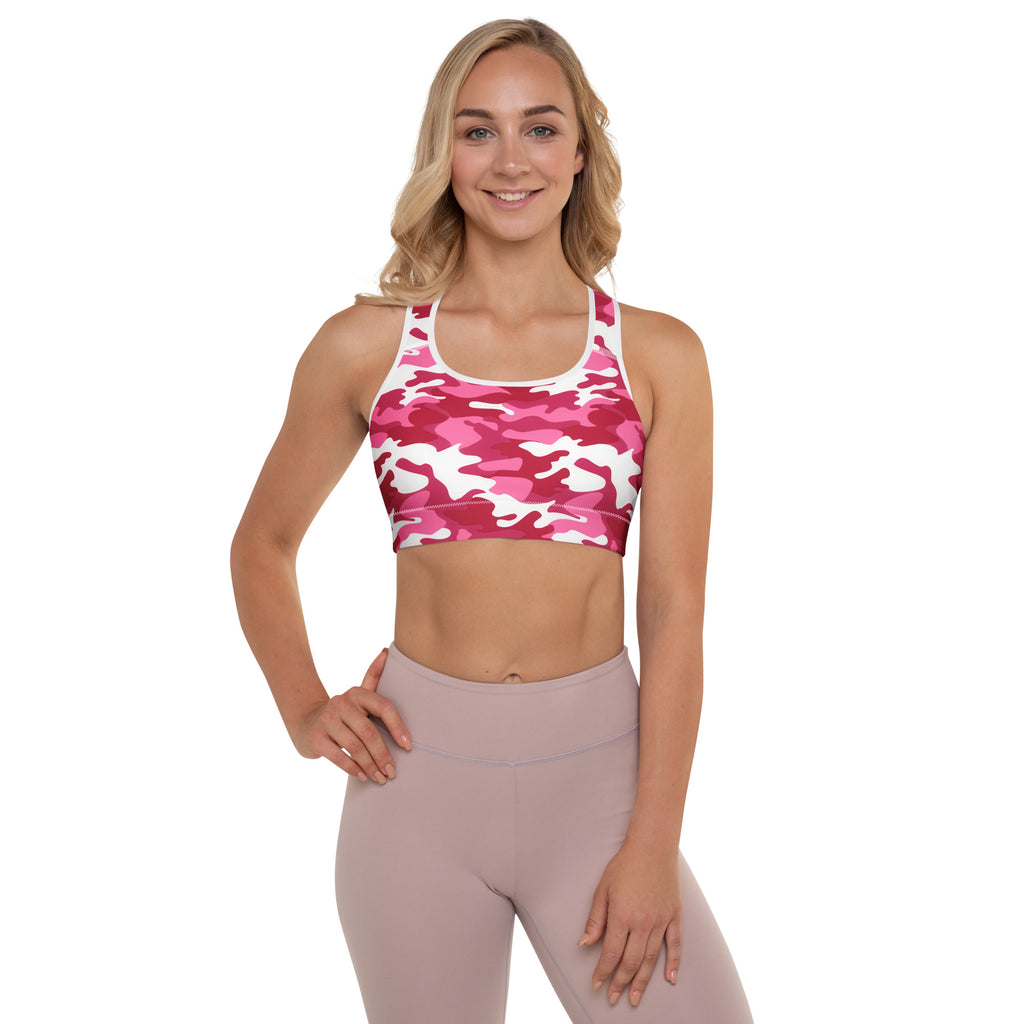 Women’s vibrant pink and white camouflage padded sports bra with racerback design buttery soft supportive and quick-dry