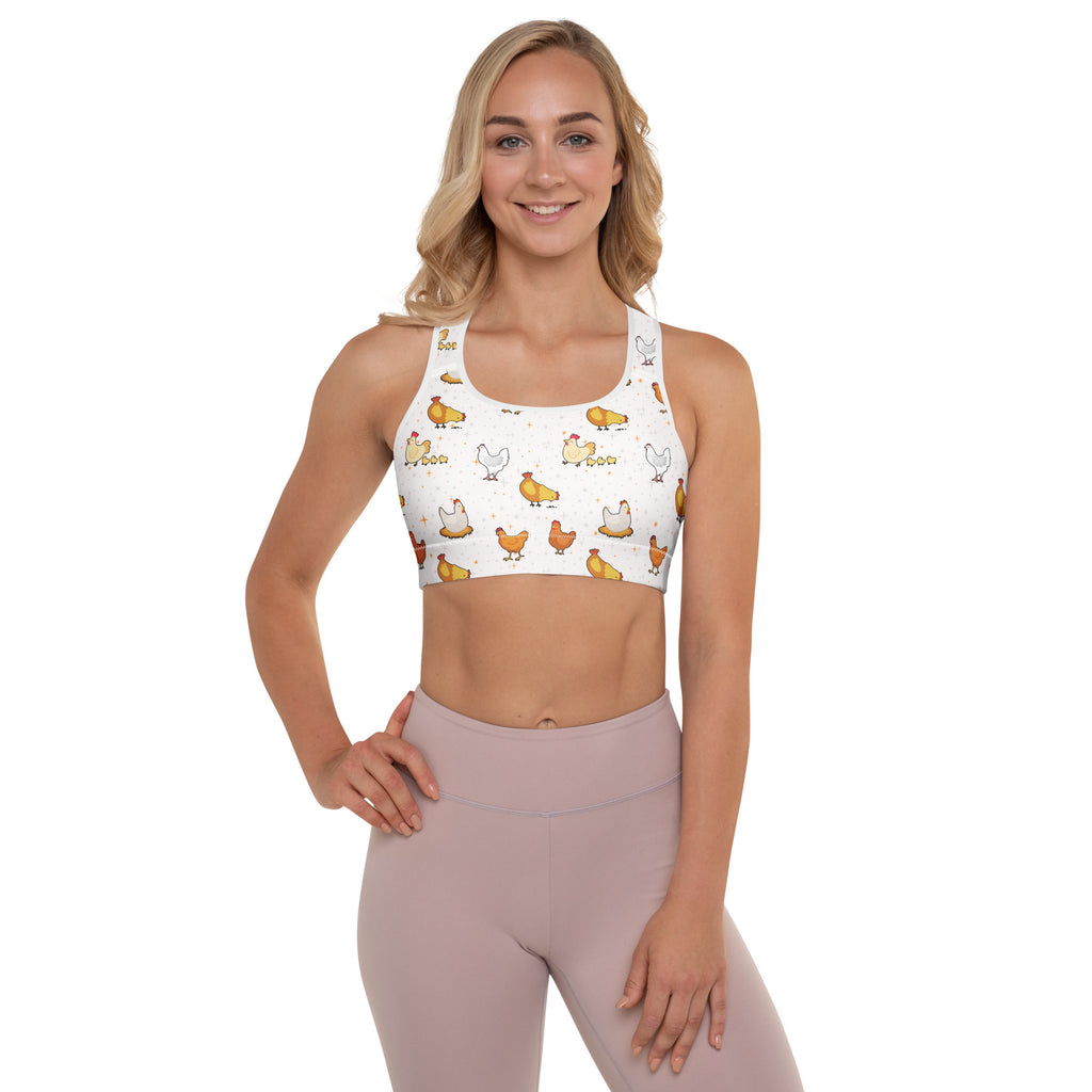 White women’s chicken padded sports bra with playful yellow cartoon pattern buttery soft supportive quick-dry