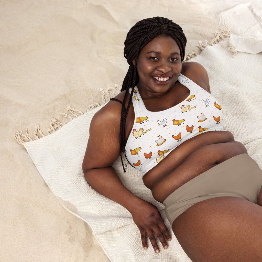 Women’s chicken padded sports bra in white with colorful cartoon chicken pattern buttery soft supportive quick dry