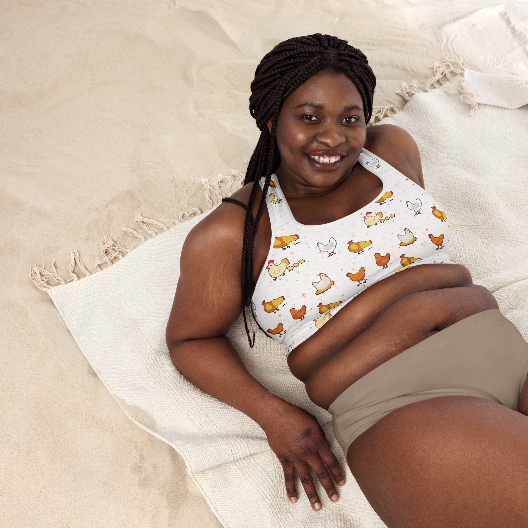 Women’s chicken padded sports bra in white with colorful cartoon chicken pattern buttery soft supportive quick dry