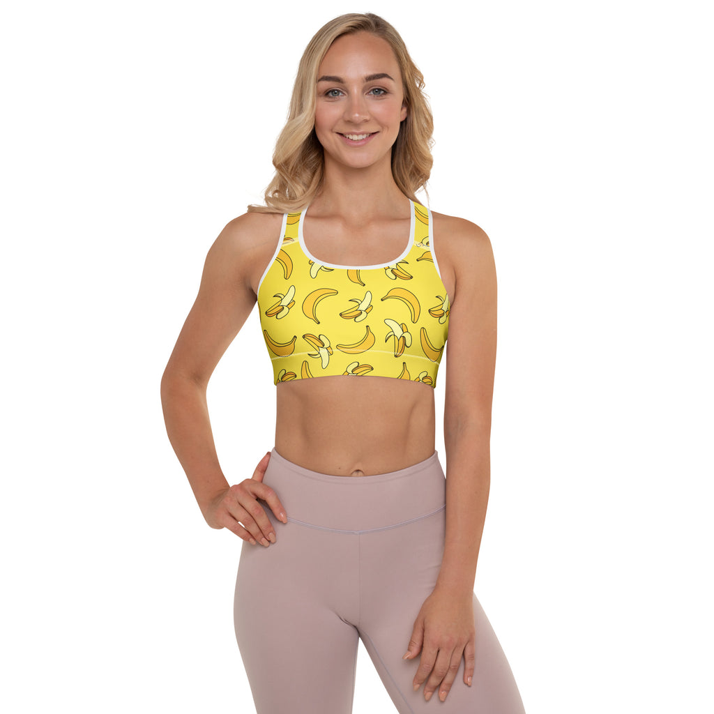 Women’s yellow banana padded sports bra with white trim made of buttery soft supportive quick-dry fabric