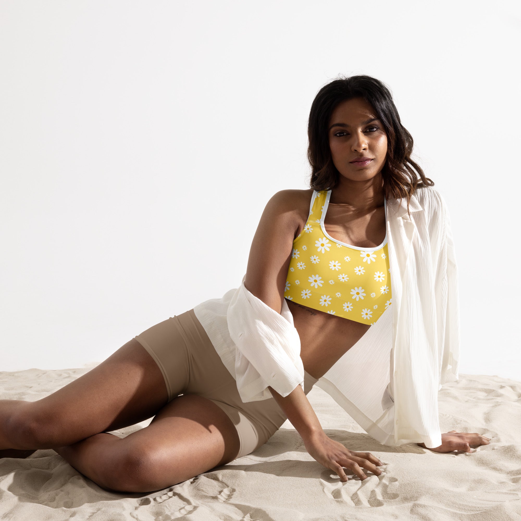 Women’s Yellow Daisy Padded Sports Bra – Buttery Soft, Supportive & Quick-Dry