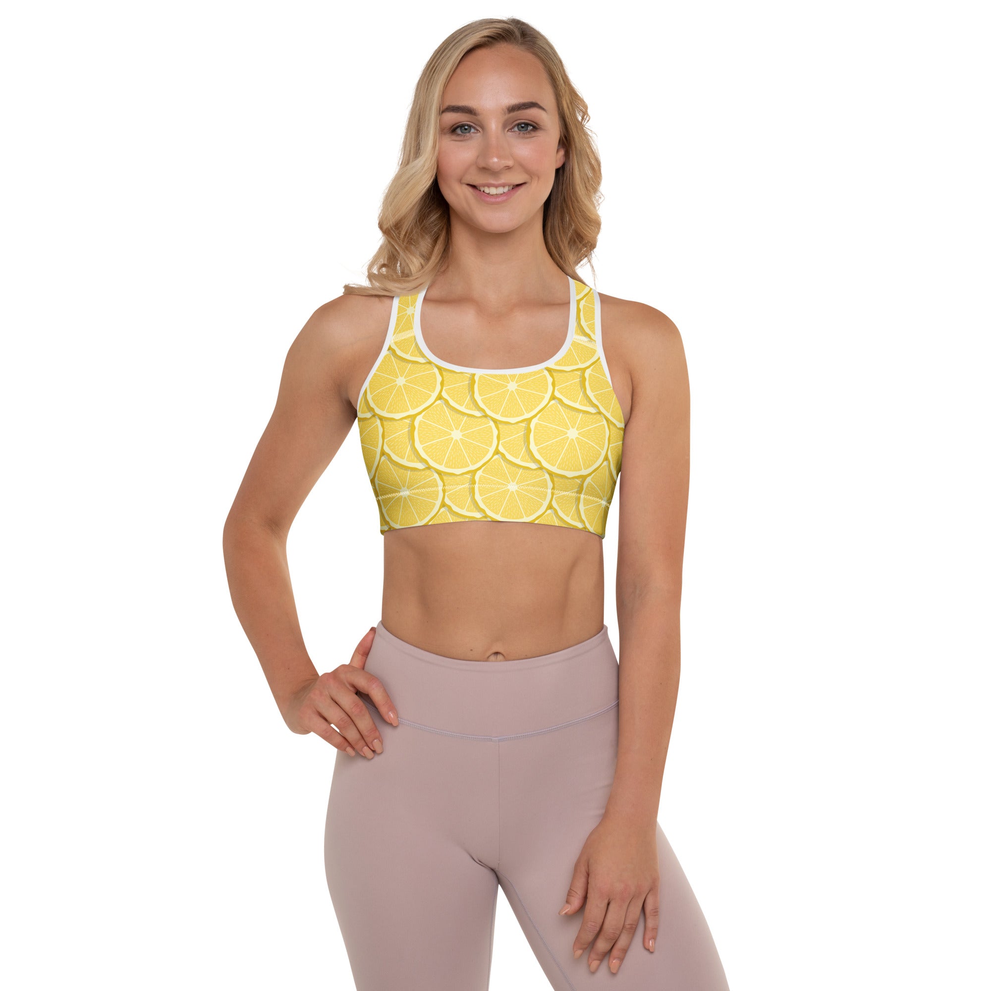 Women’s lemon slice print padded sports bra in yellow with white trim buttery soft supportive quick-dry fabric