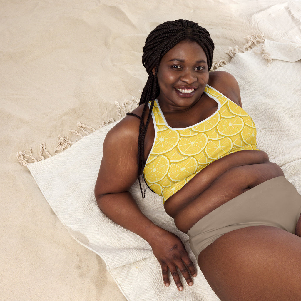 Women’s lemon slice print padded sports bra with white trim buttery soft supportive quick dry fabric