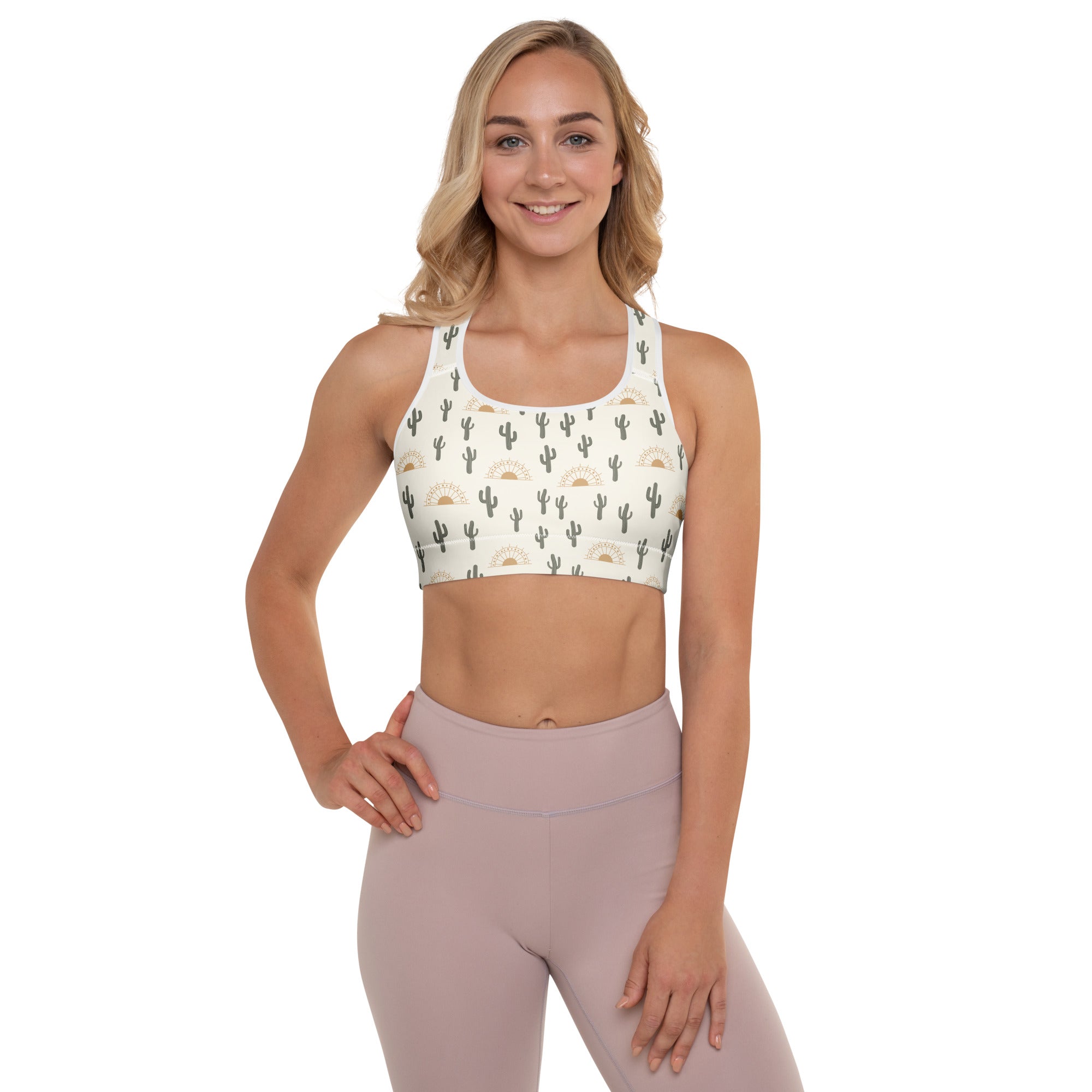 White padded sports bra with green cactus and gold sun pattern buttery soft supportive quick-dry material