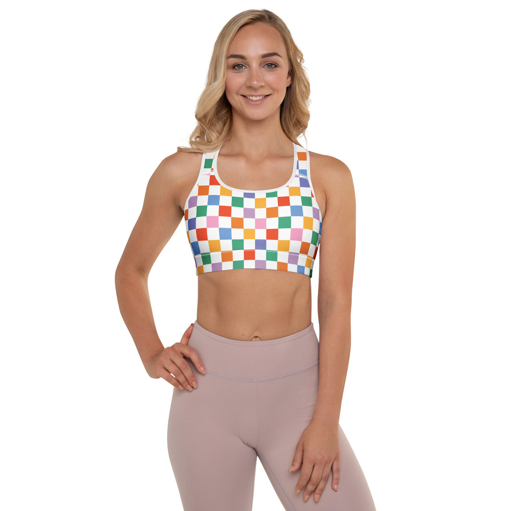 Women’s colorful checkerboard padded sports bra with white base buttery soft supportive quick-dry racerback straps