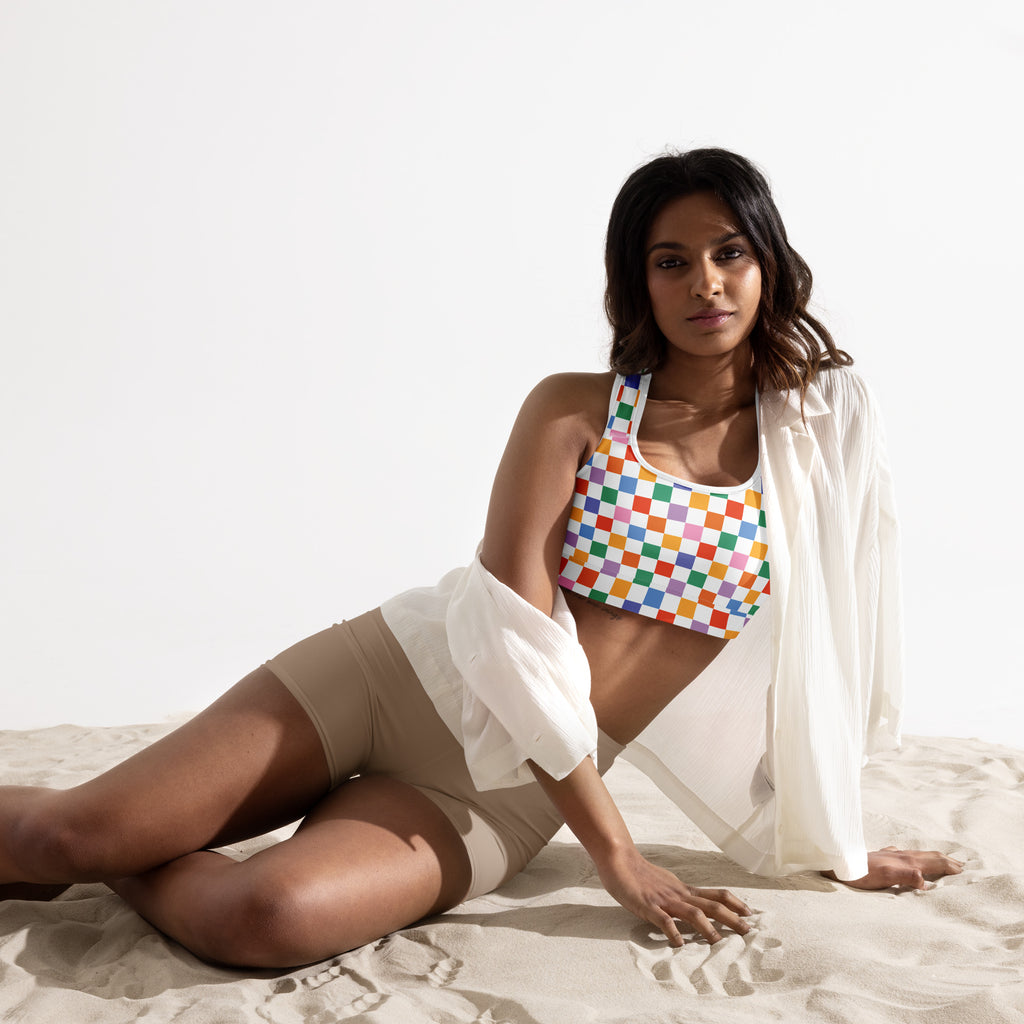 Women’s colorful checkerboard padded sports bra with white trim buttery soft supportive and quick-dry material