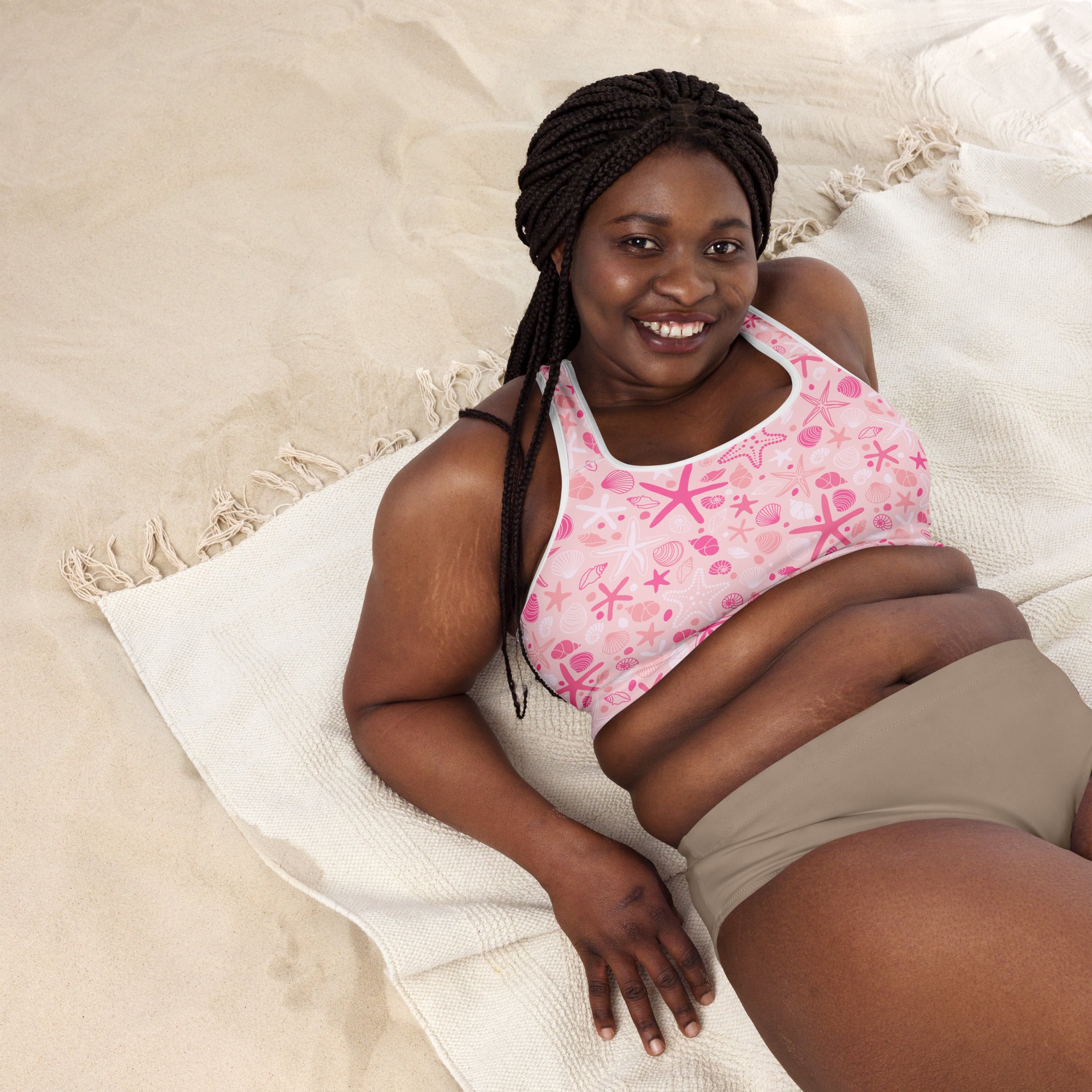 Women’s pink starfish and shells padded sports bra with buttery soft quick-dry fabric and halter top design
