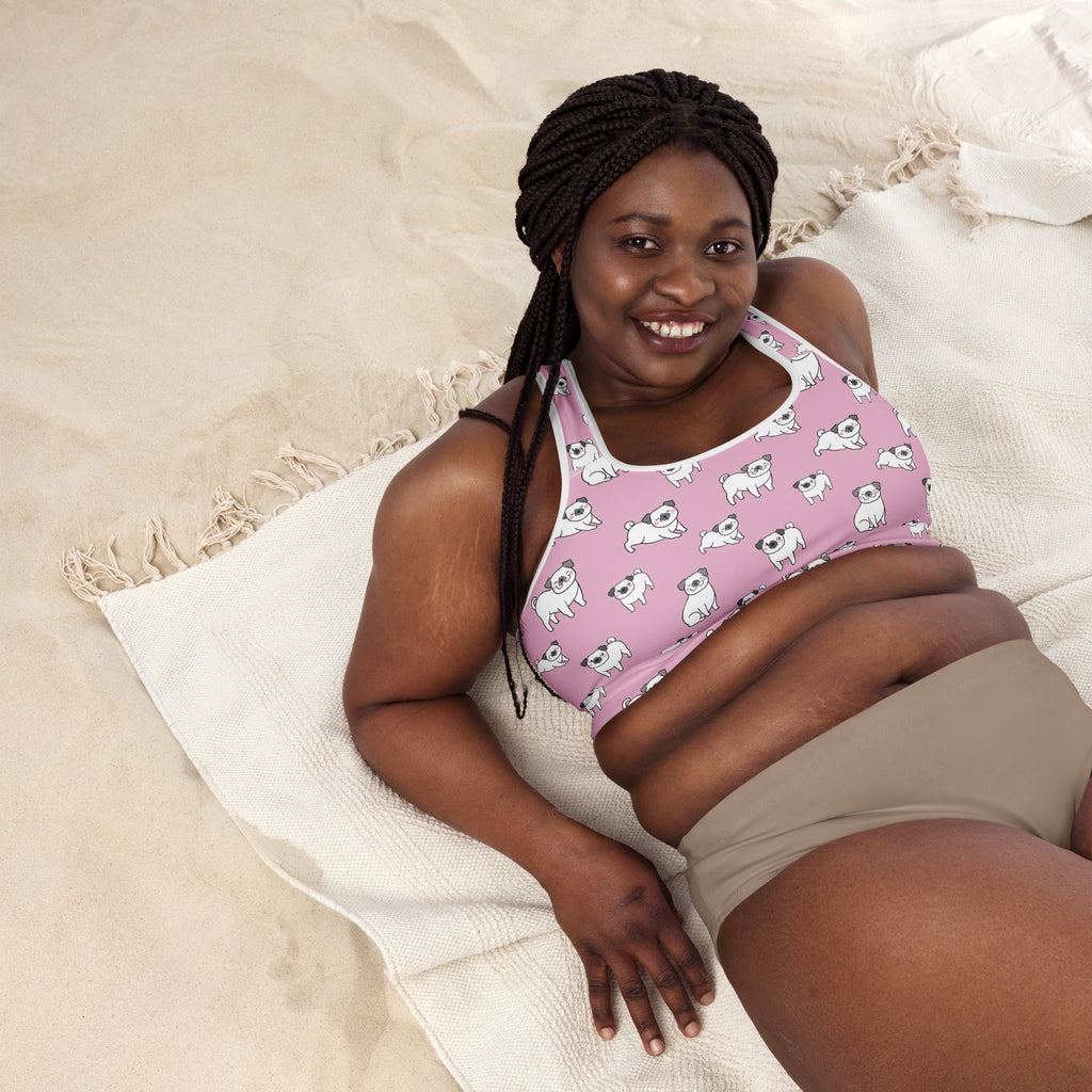 Women’s pink padded sports bra with white pug prints buttery soft supportive and quick-dry for active wear