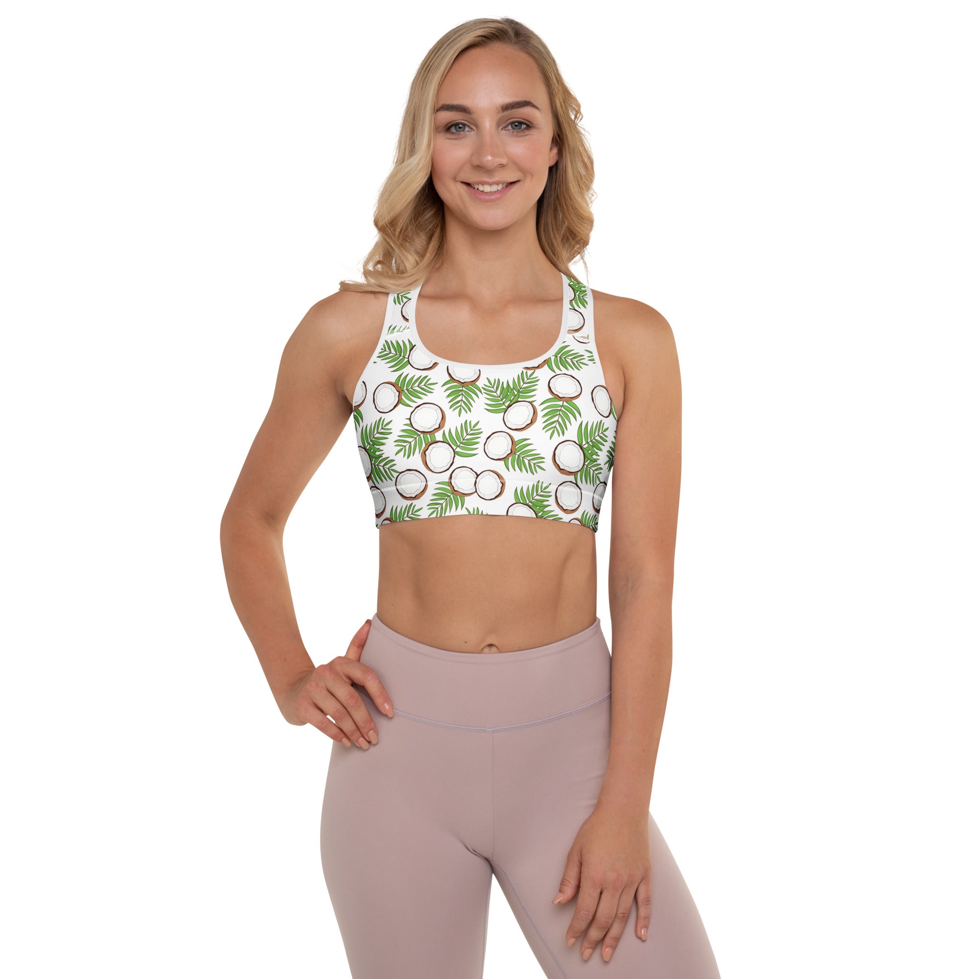 White padded sports bra with tropical coconut and green palm leaf pattern buttery soft supportive quick dry