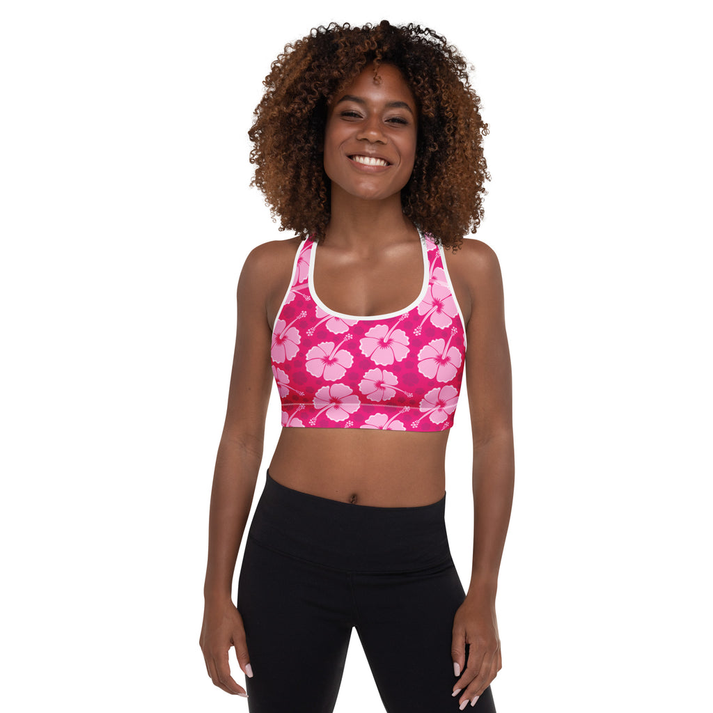 Women’s pink hibiscus floral padded sports bra with white trim buttery soft supportive and quick dry material