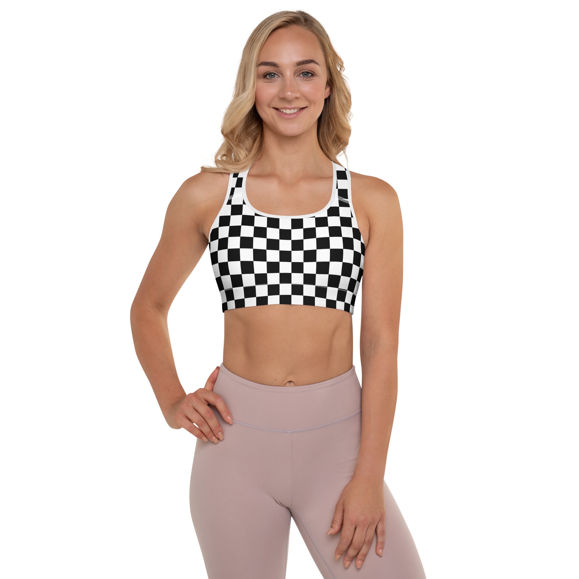 Women’s black and white checkerboard padded sports bra with thin straps buttery soft supportive and quick dry