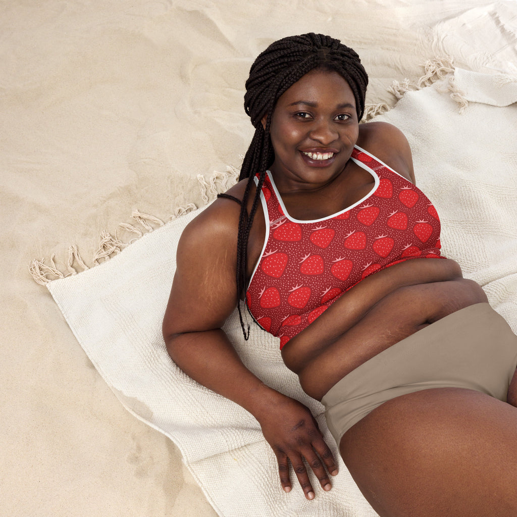 Women’s red strawberry padded sports bra with white trim buttery soft supportive quick-dry fabric tank top