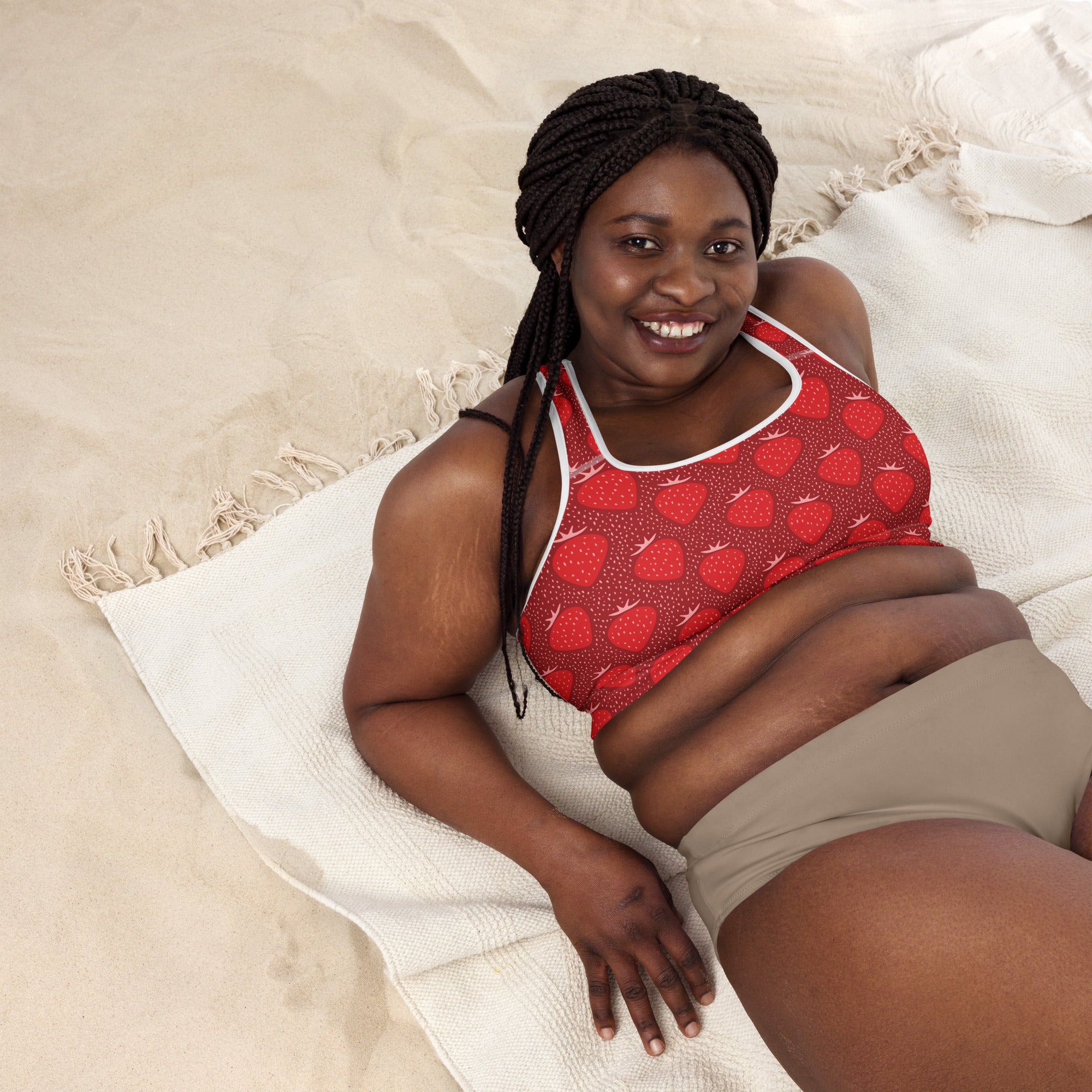 Women’s red strawberry padded sports bra with white trim buttery soft supportive quick-dry fabric tank top