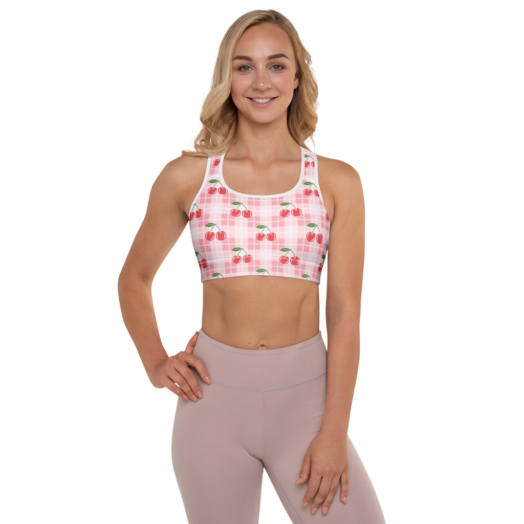 Women’s pink gingham cherry padded sports bra with buttery soft fabric supportive quick-dry material