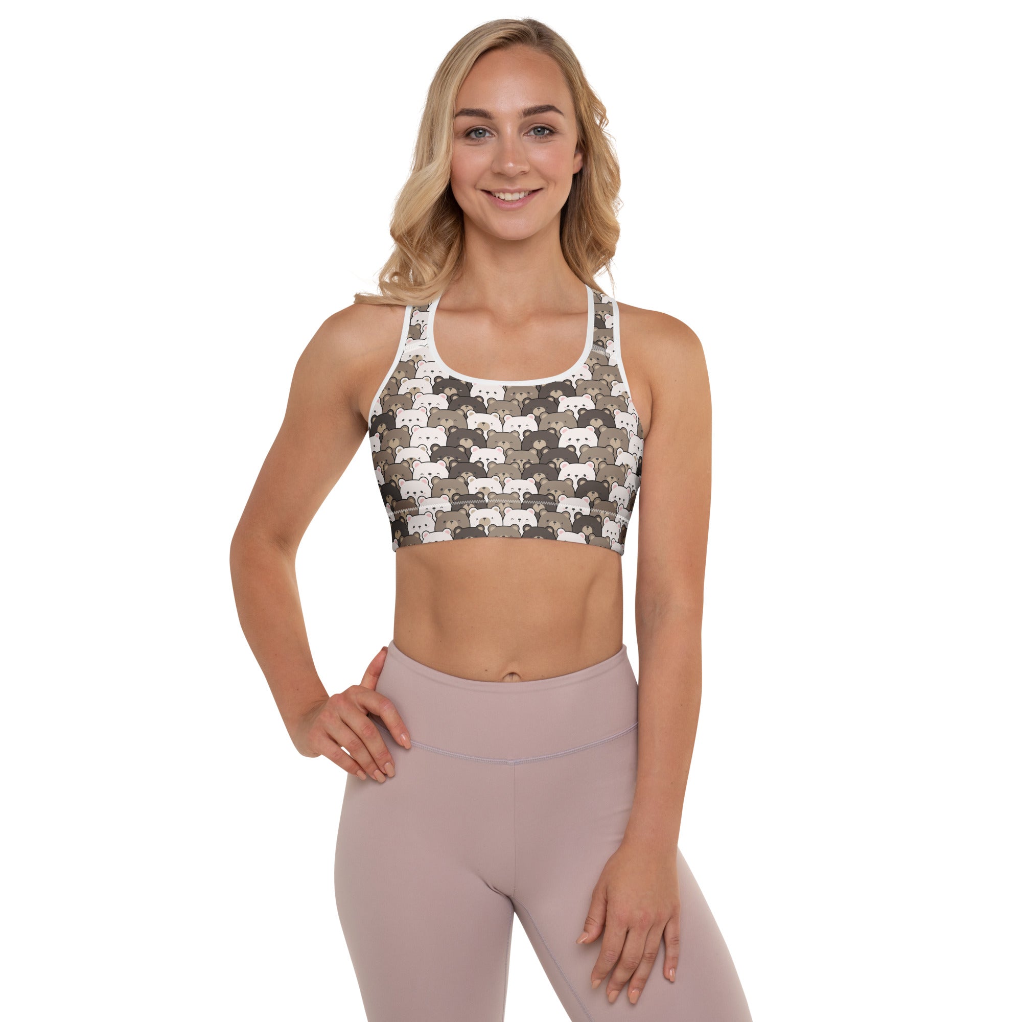 Women’s bear face padded sports bra in white and gray cat pattern with racerback design buttery soft supportive quick dry