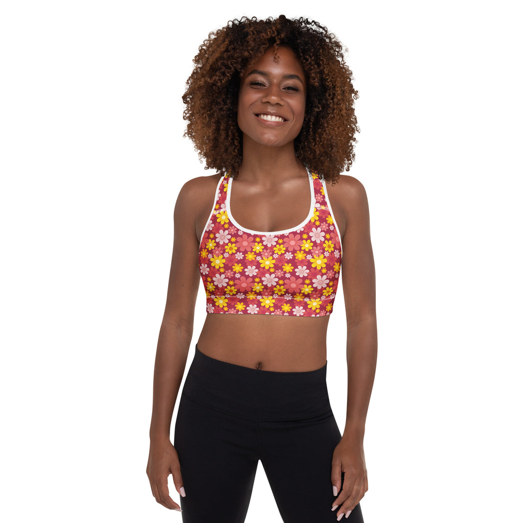 Women’s pink and yellow floral padded sports bra with white trim buttery soft supportive and quick-dry material