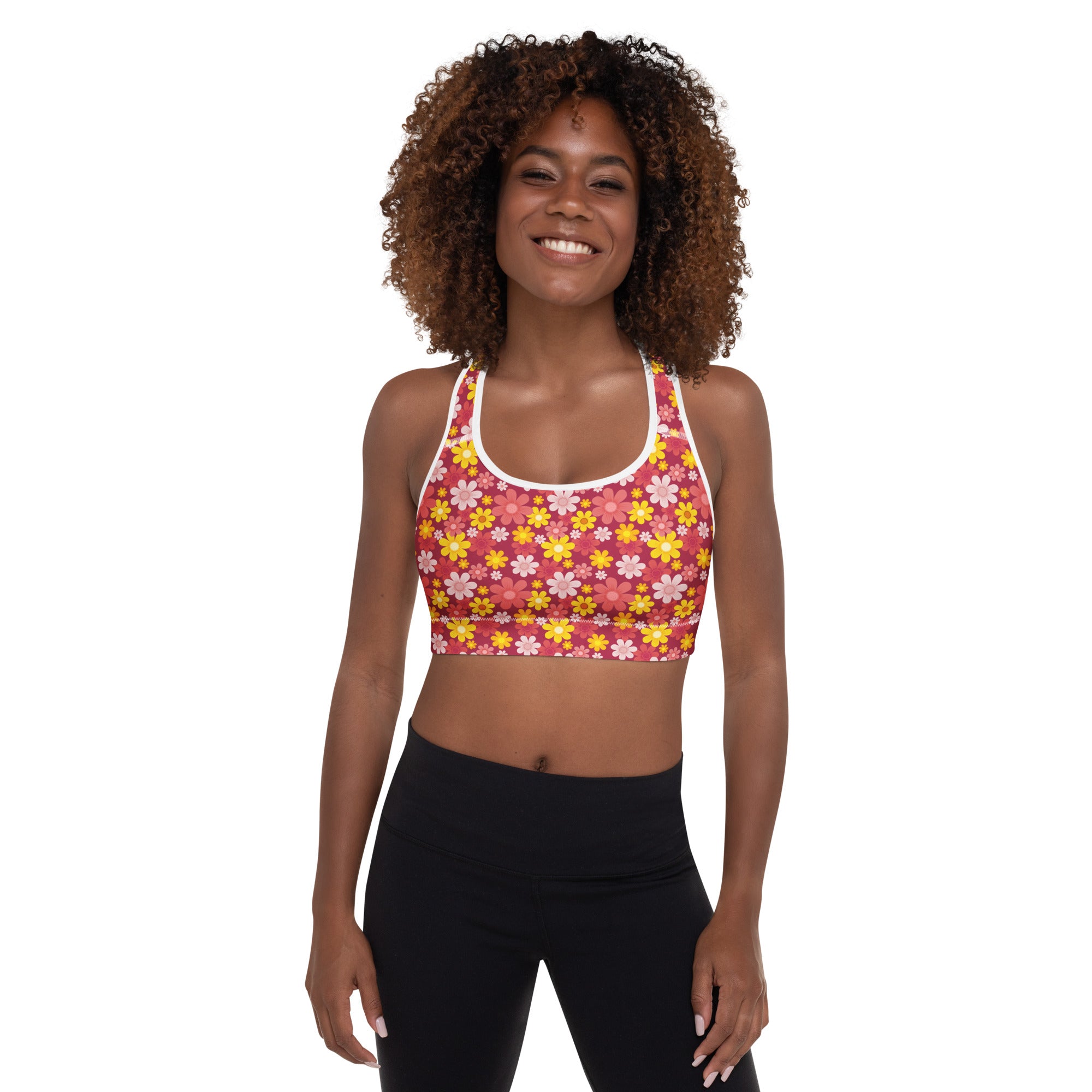 Women’s pink and yellow floral padded sports bra with white trim buttery soft supportive and quick-dry material