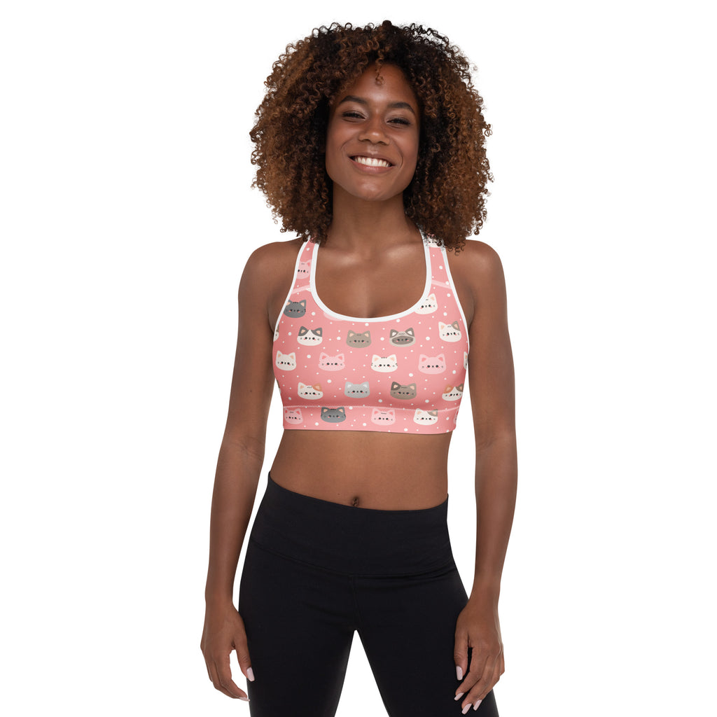 Women’s pink cat faces padded sports bra with white trim and gray accents buttery soft supportive quick-dry