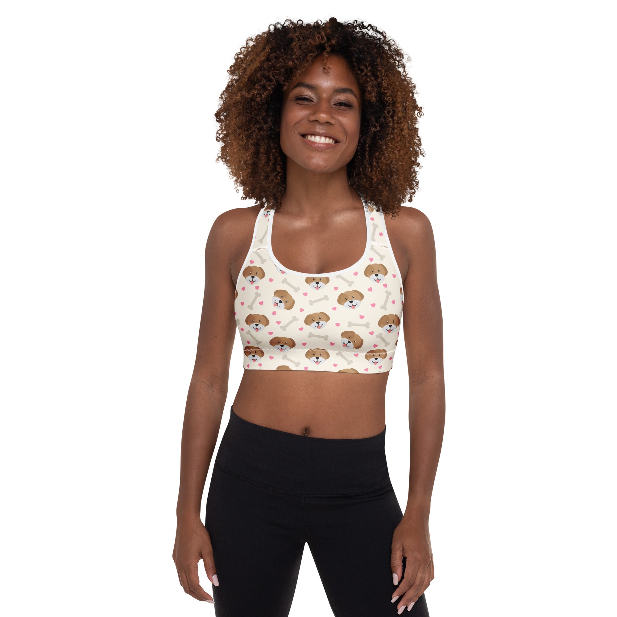 White padded sports bra with brown puppy faces and pink hearts pattern buttery soft supportive quick-dry fabric