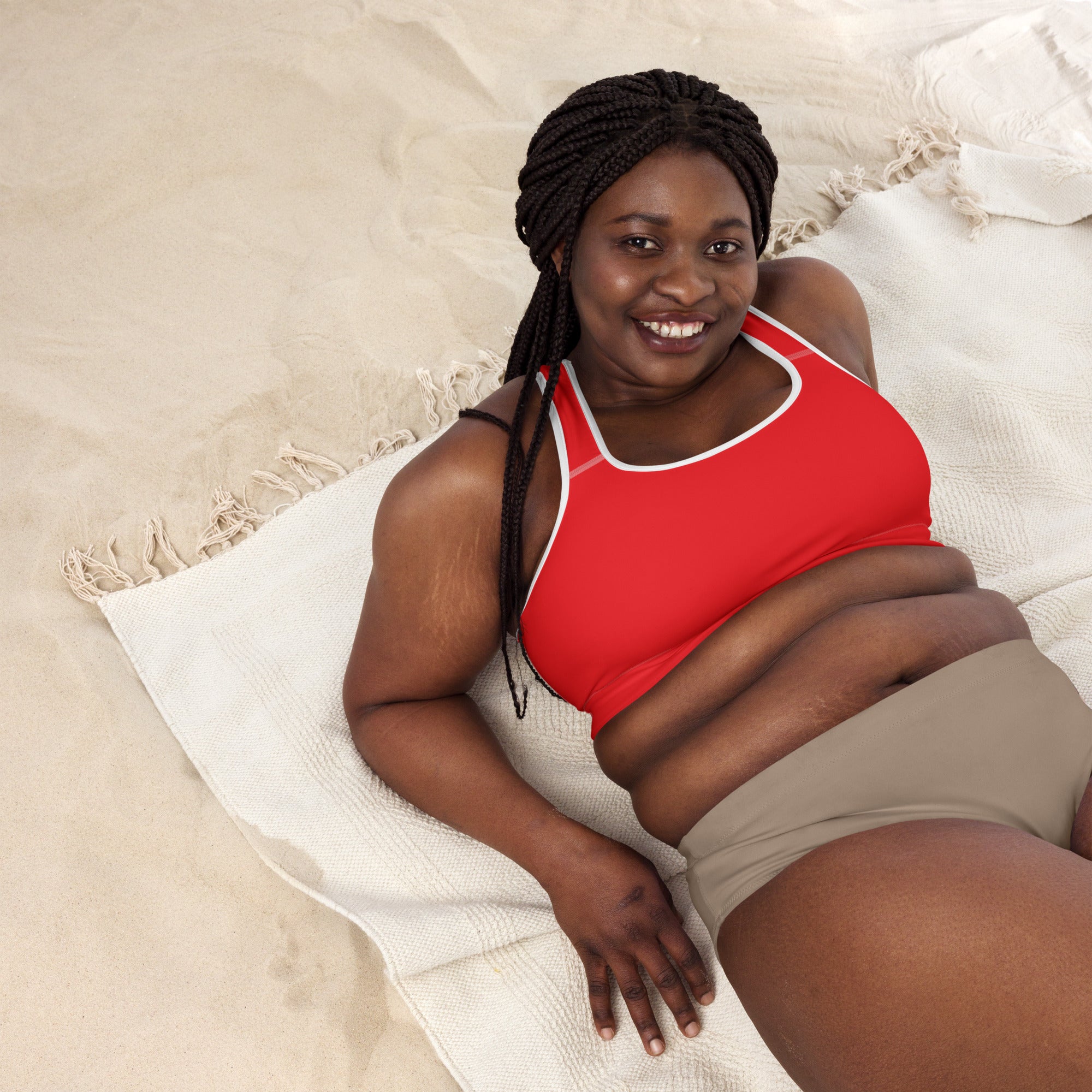 Women’s red padded sports bra with white trim buttery soft supportive quick-dry material for active wear