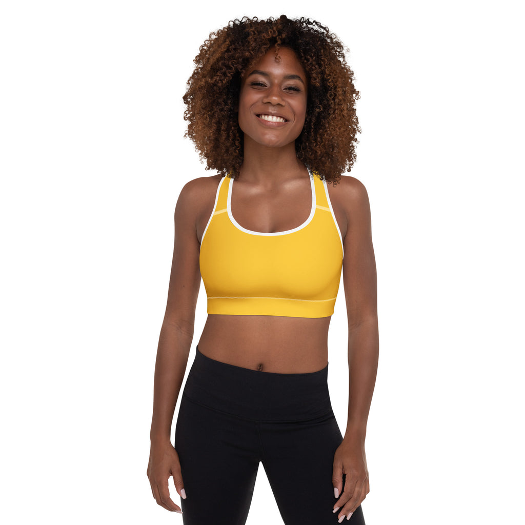 Women’s yellow padded sports bra with white trim buttery soft supportive quick-dry fabric for active wear