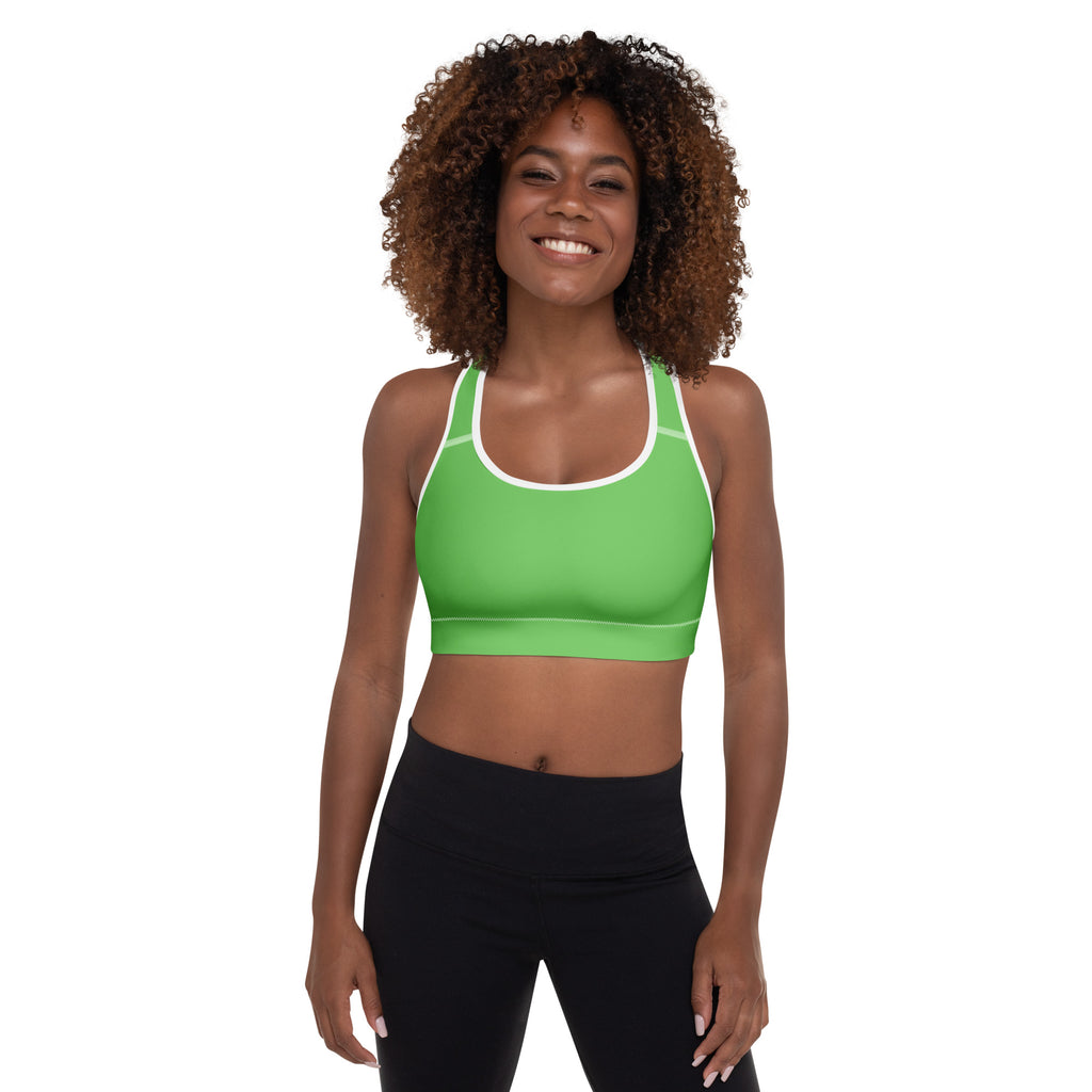 Women’s bright green padded sports bra with white trim featuring a supportive seamless quick-dry design