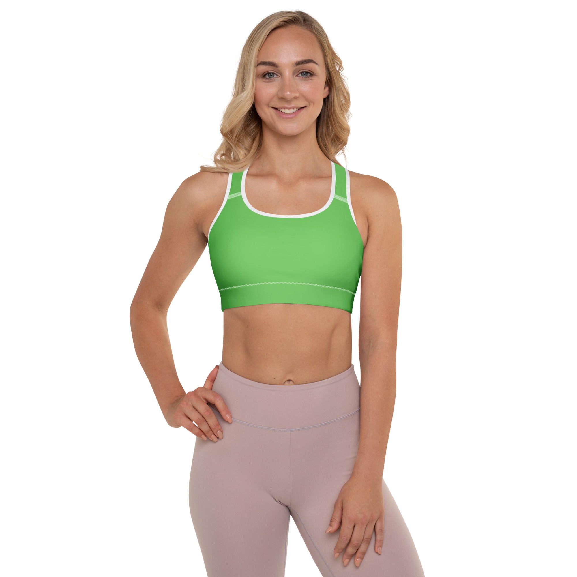 Bright green women’s padded sports bra with white trim seamless design buttery soft supportive quick-dry fabric