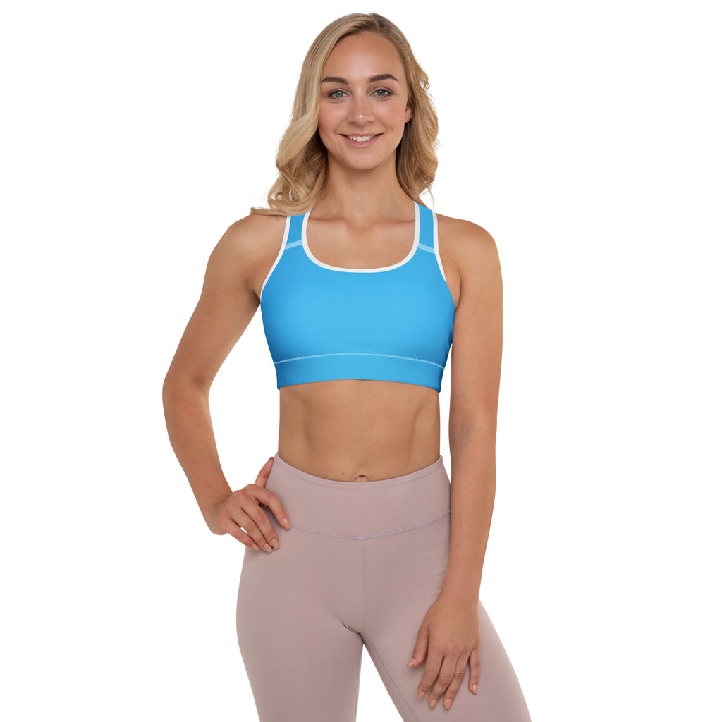 Women’s sky blue padded sports bra with white trim seamless design buttery soft supportive quick-dry fabric