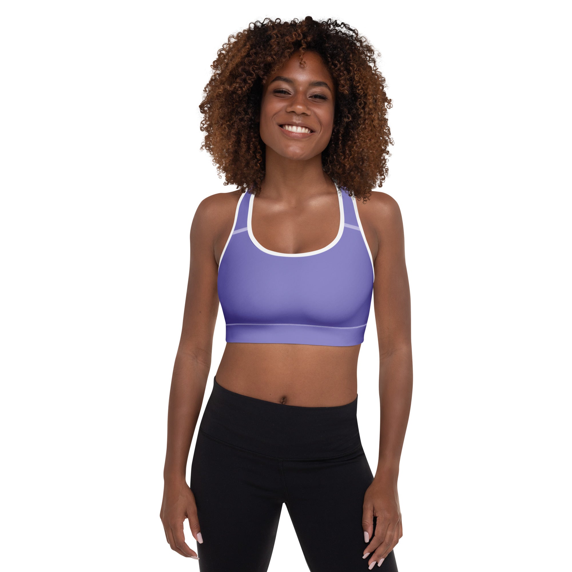 Women’s purple and white padded sports bra with gradient design made of buttery soft supportive quick-dry fabric