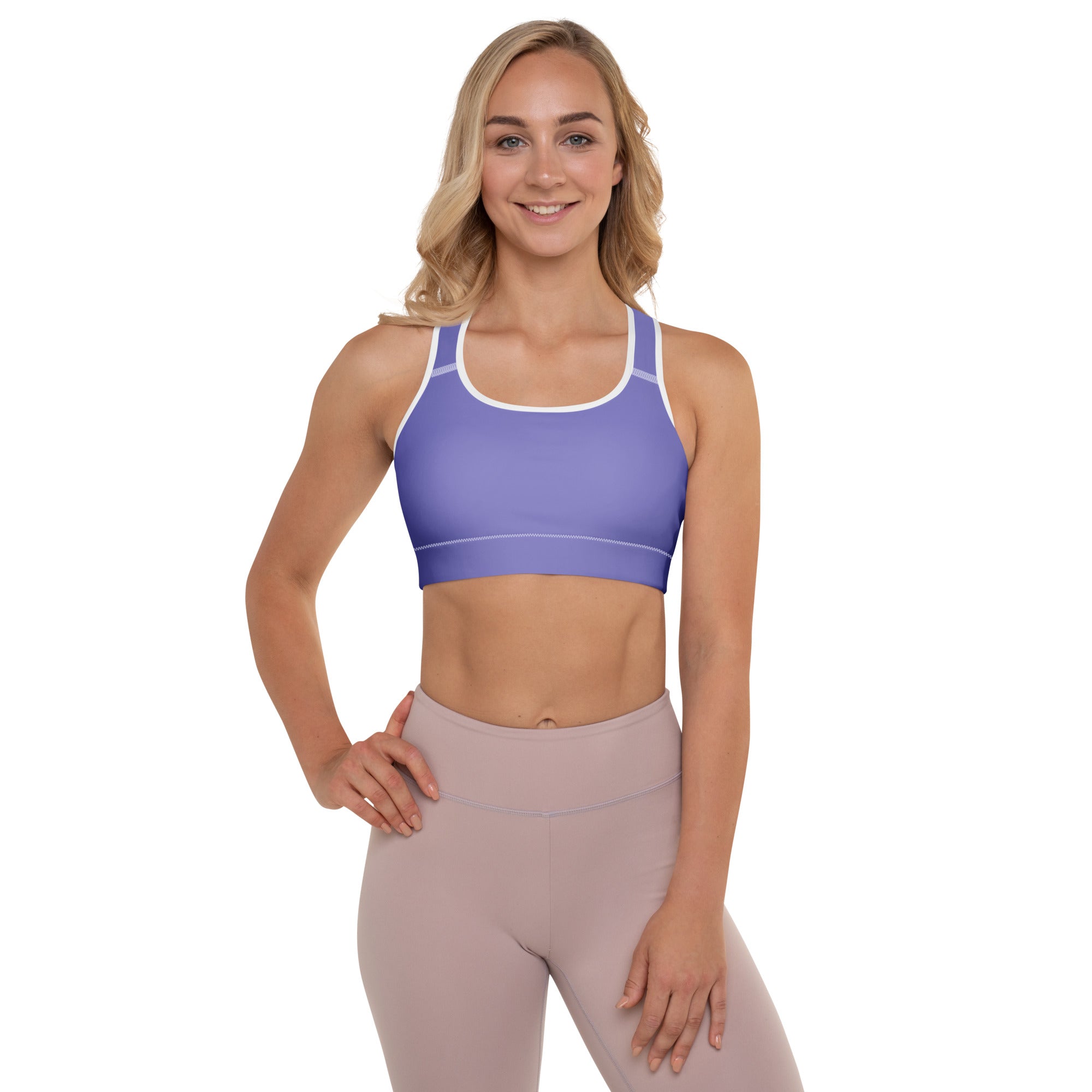 Women’s purple padded sports bra with white trim, buttery soft fabric, supportive fit, and quick-dry design