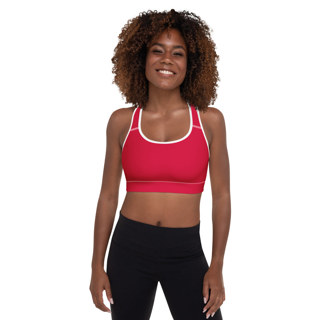 Women’s crimson red padded sports bra with white trim featuring a buttery soft, supportive, seamless design