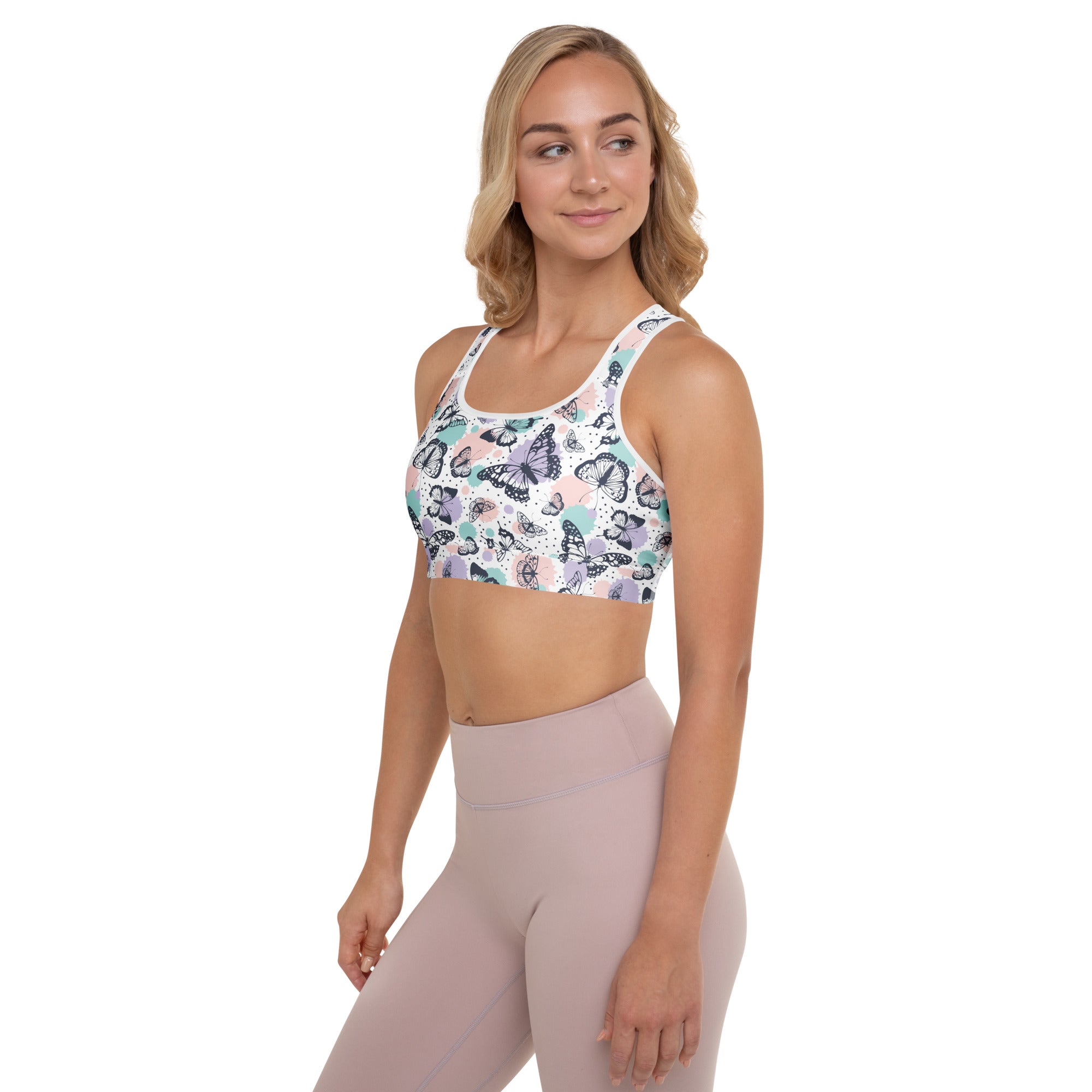 White women’s butterfly padded sports bra with colorful purple blue pink pattern buttery soft supportive quick dry
