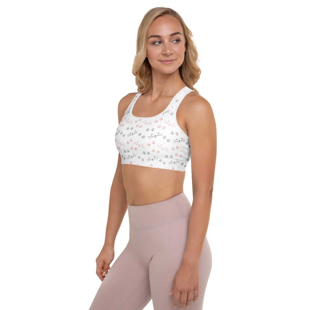 White women’s cat paw print padded sports bra with delicate floral patterns in soft pink gray and black quick dry fabric