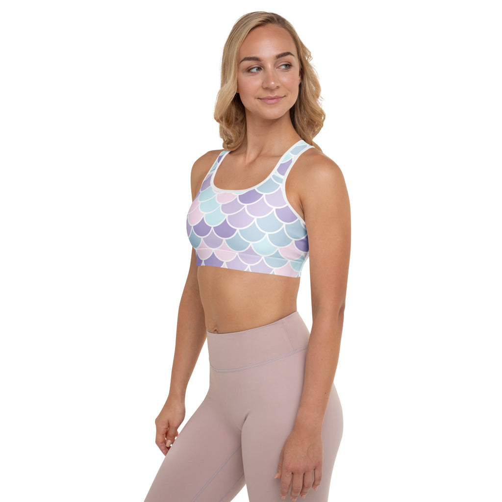 Women’s pastel mermaid scale padded sports bra in buttery soft quick-dry fabric with racerback design visible from back