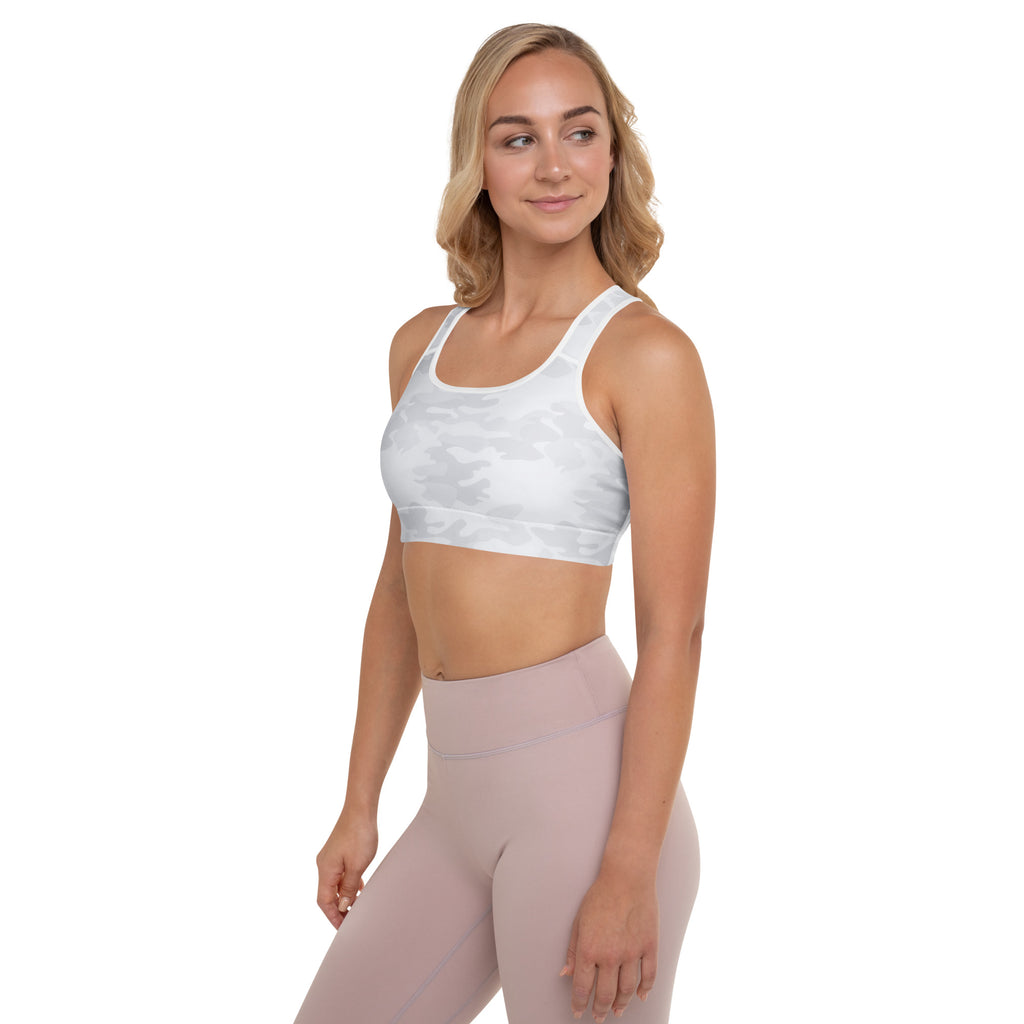 White camouflage padded sports bra for women made of quick-dry buttery soft fabric offering support