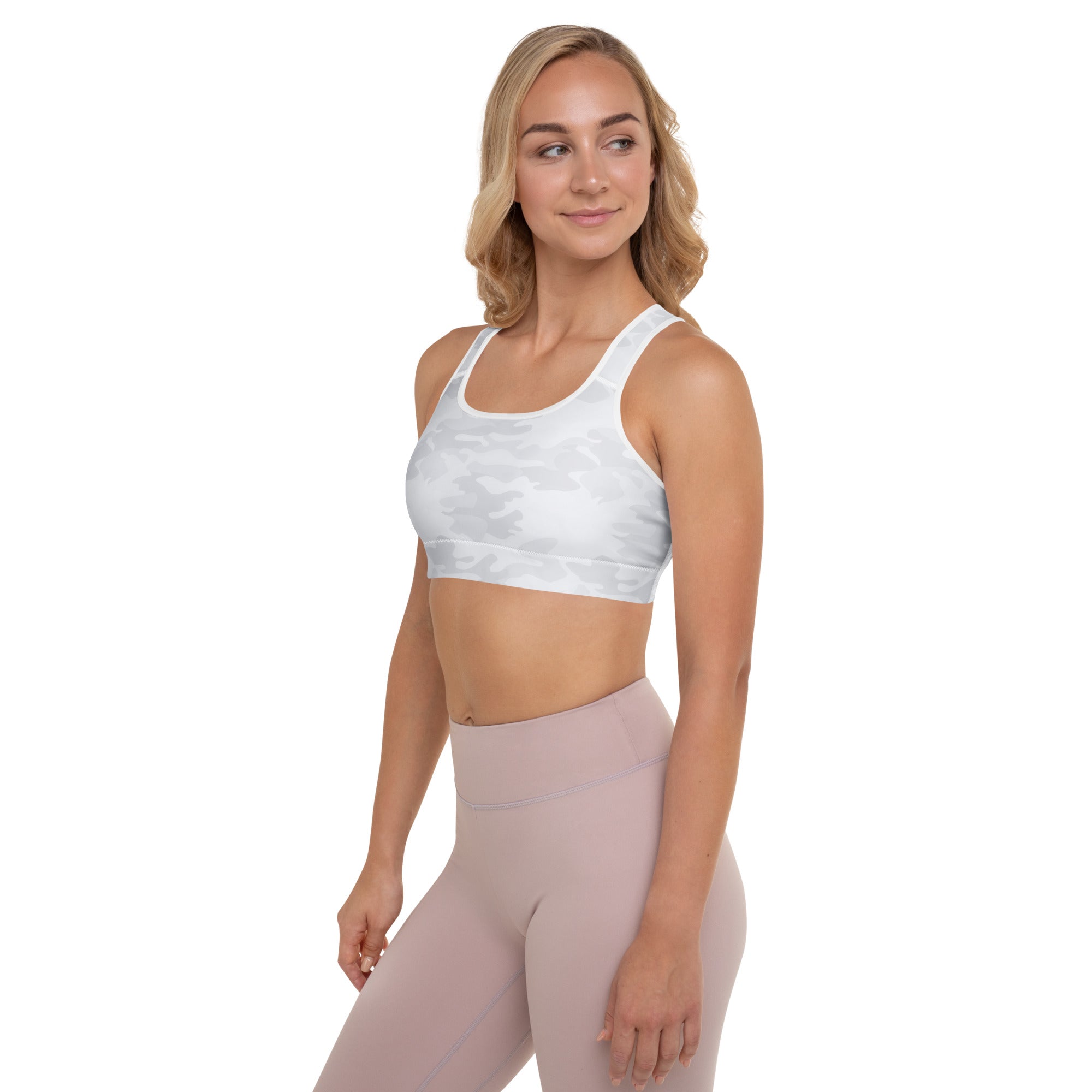 White camouflage padded sports bra for women made of quick-dry buttery soft fabric offering support