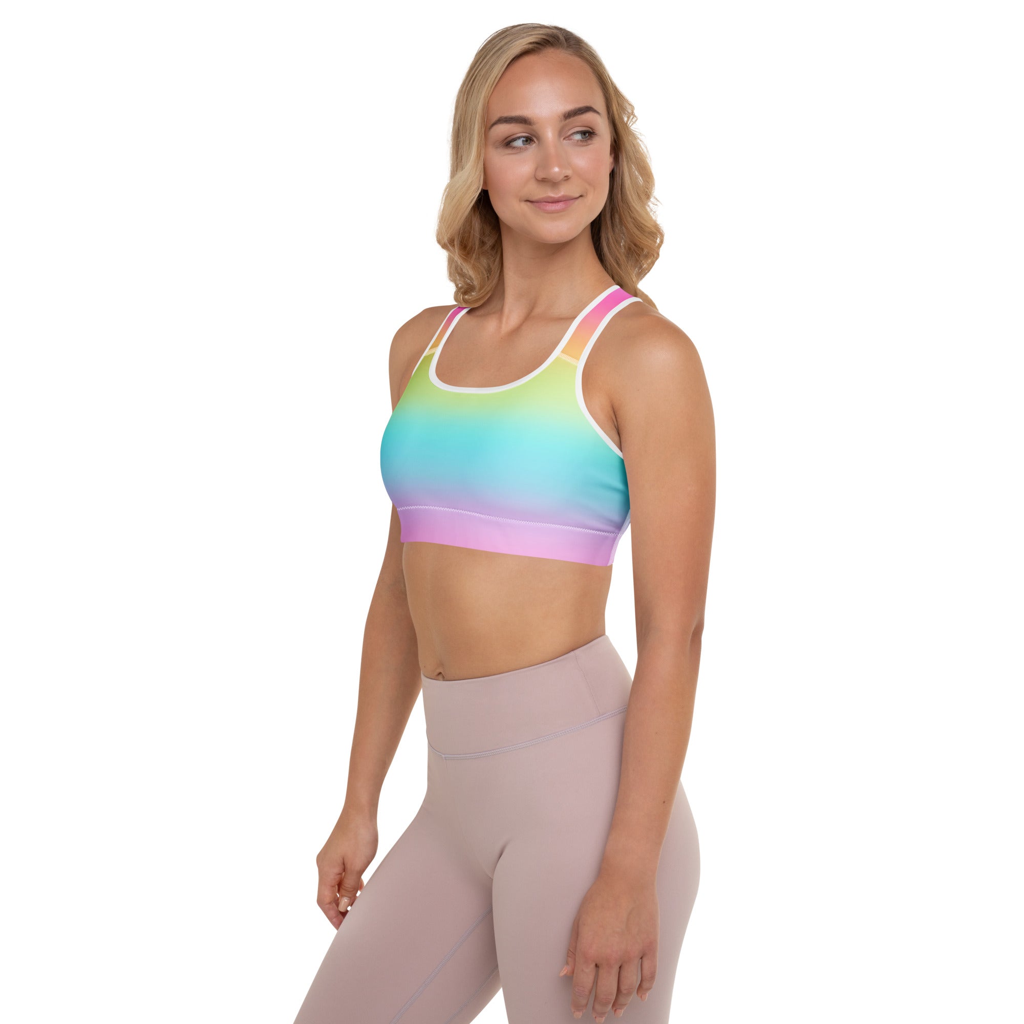 Women’s bright rainbow padded sports bra with soft stretchy fabric and supportive racerback straps shown from back