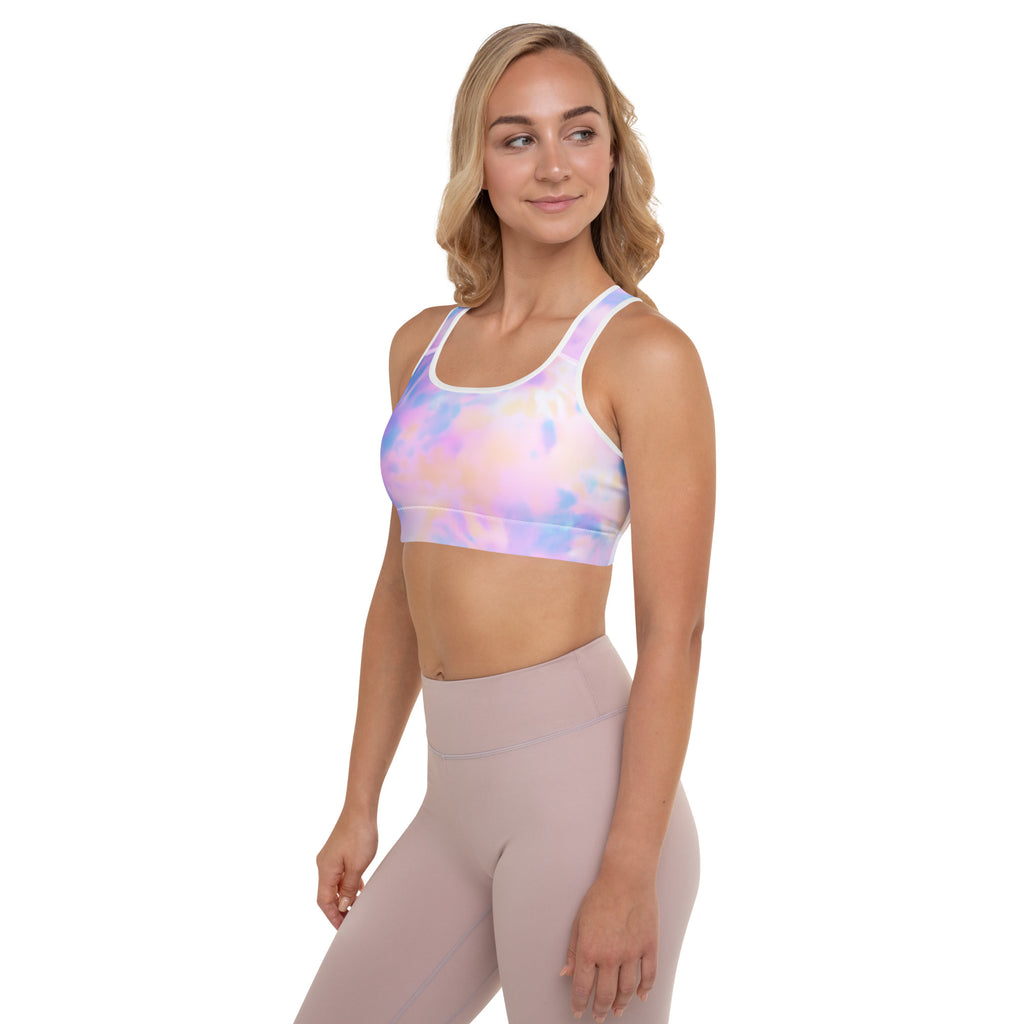 Pastel tie-dye padded sports bra with white trim made of buttery soft quick-dry fabric for women