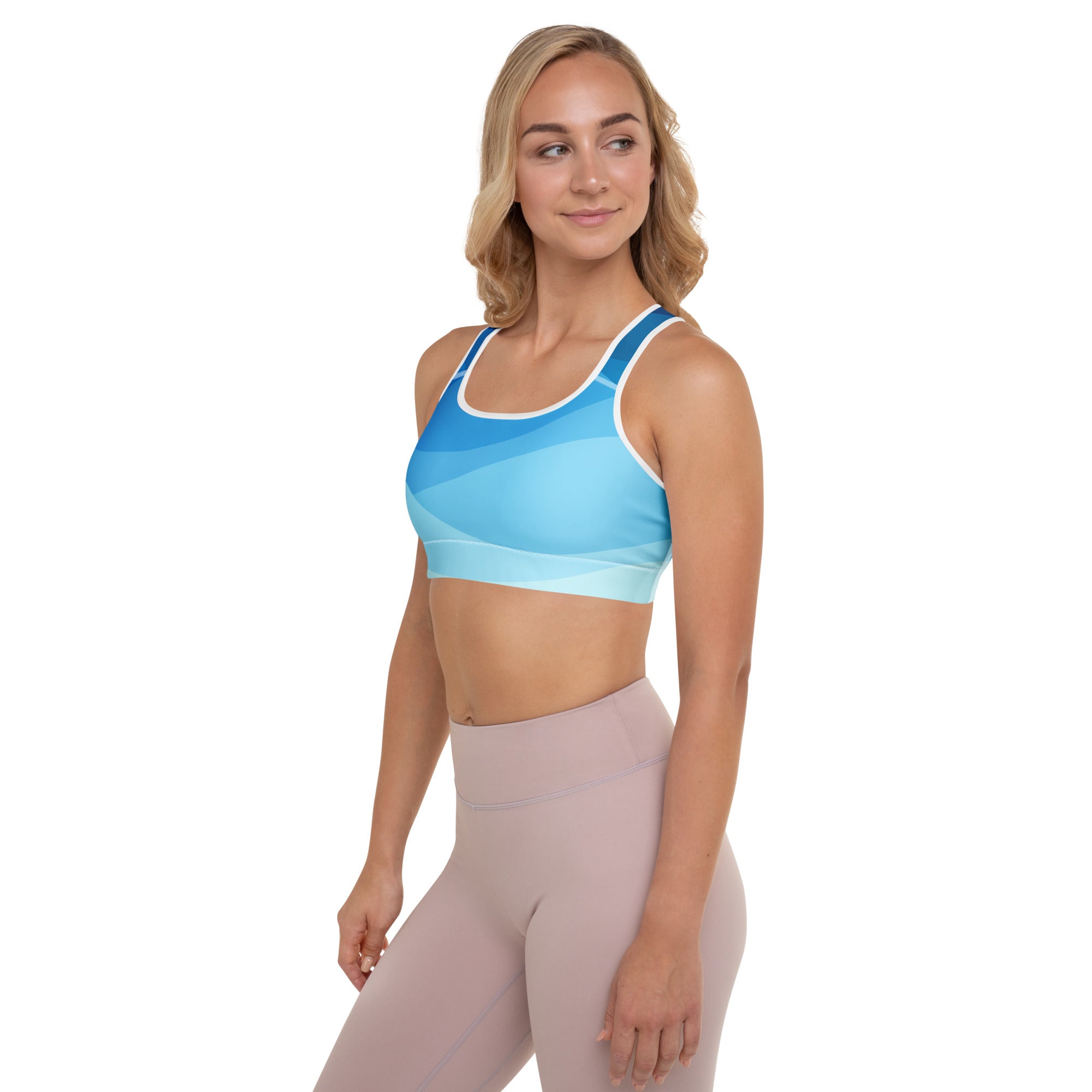 Women’s blue waves padded sports bra with white trim buttery soft supportive quick-dry fabric in blue gradient