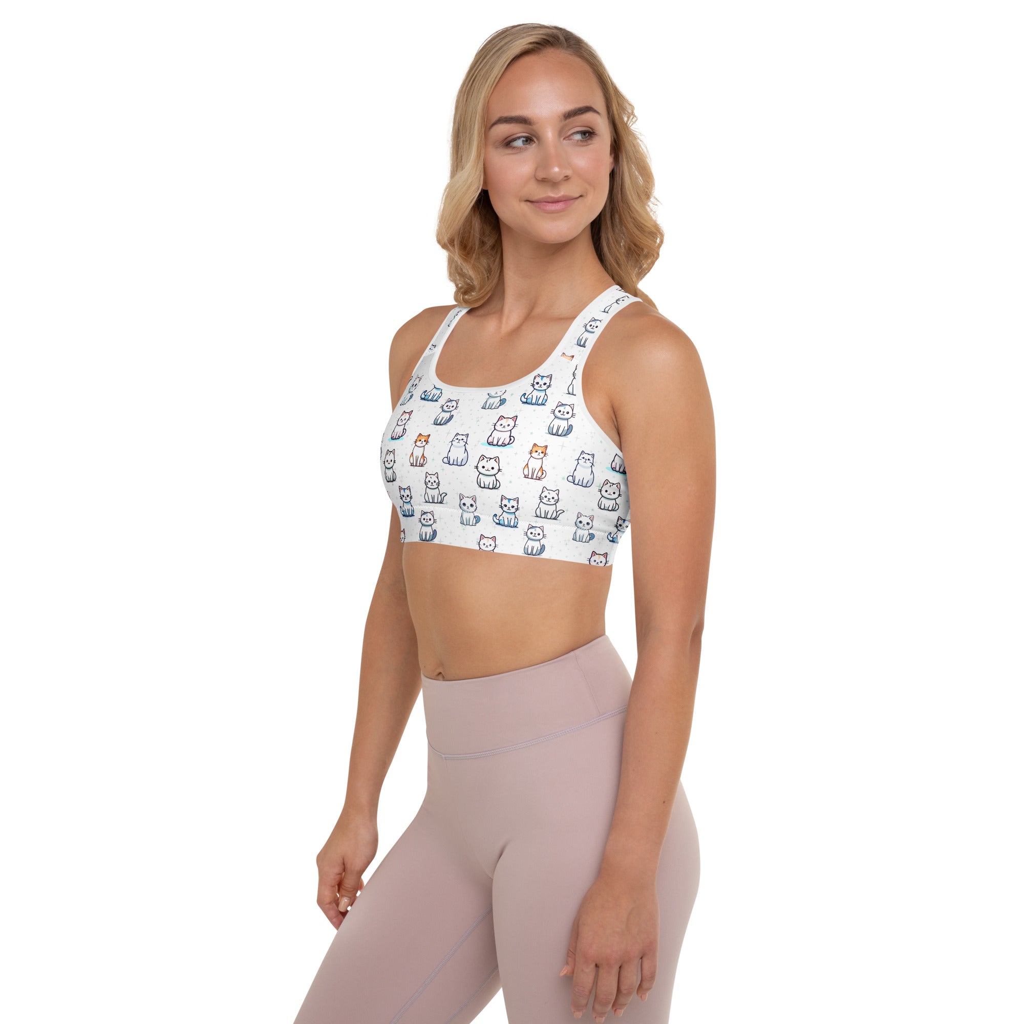 White women’s cute cat padded sports bra with playful cartoon pattern buttery soft supportive quick-dry