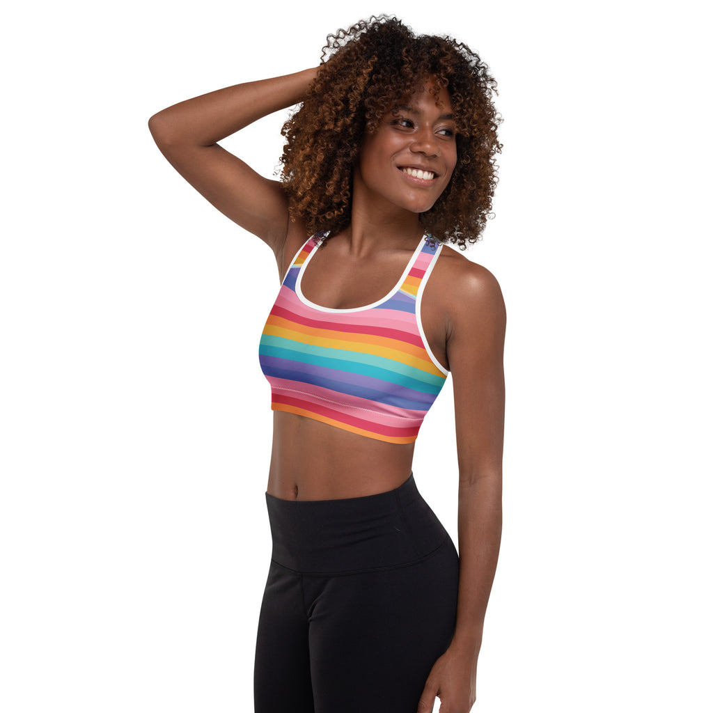 Women’s bright striped rainbow padded sports bra with white trim racerback design buttery soft supportive quick dry