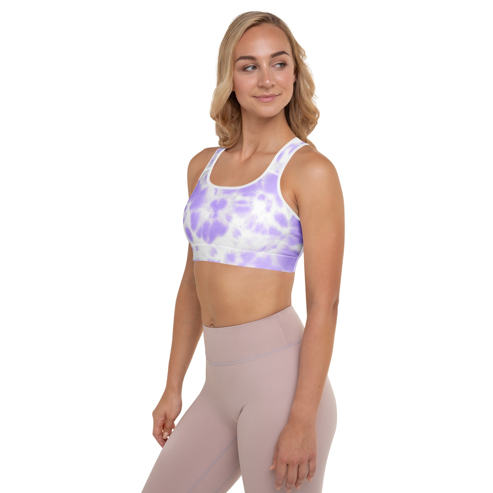 Women’s purple tie dye padded sports bra with buttery soft fabric and supportive lavender and white racerback design