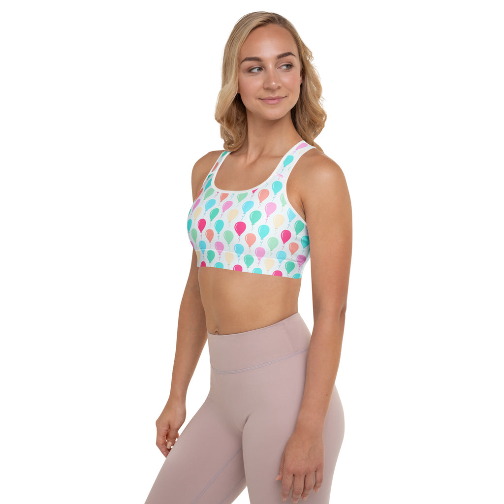 Women’s pastel-colored balloon patterned padded sports bra with white trim buttery soft supportive and quick-dry