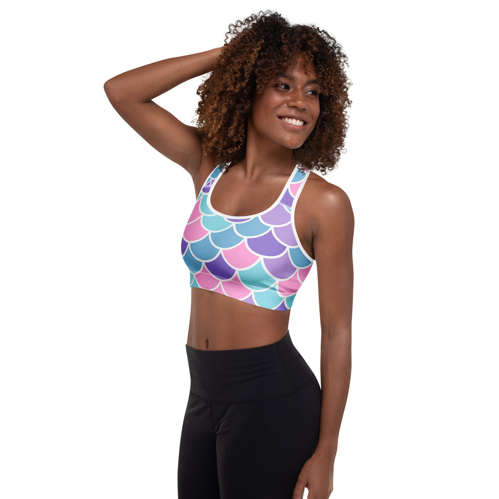 Women’s mermaid scale padded sports bra in pink purple and teal buttery soft supportive quick dry material
