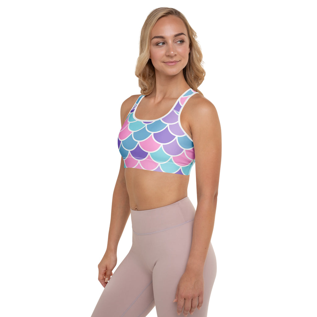 Women’s mermaid scale padded sports bra in pastel pink blue and purple with buttery soft quick-dry fabric