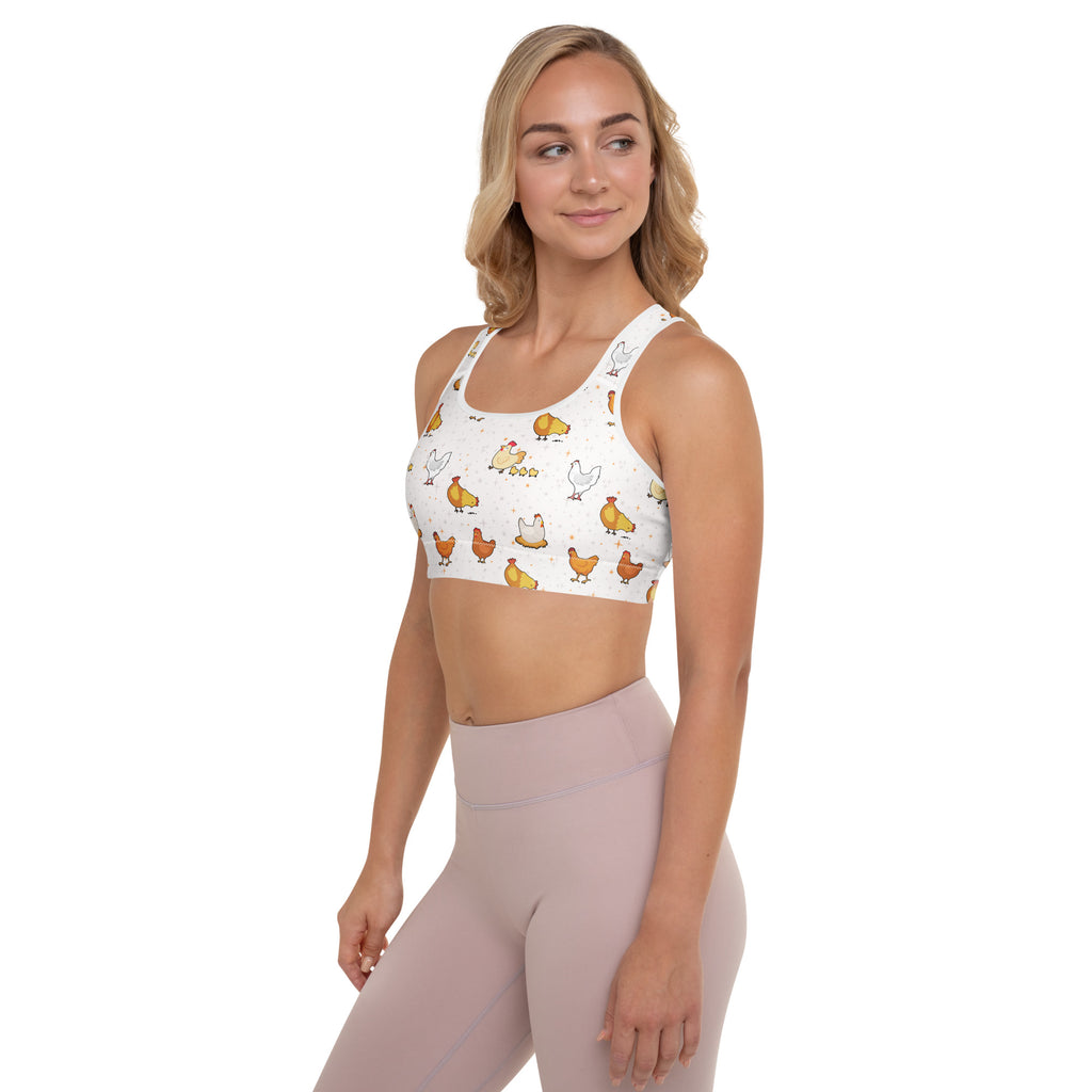 Women’s white chicken padded sports bra with colorful cartoon pattern buttery soft supportive quick-dry fabric