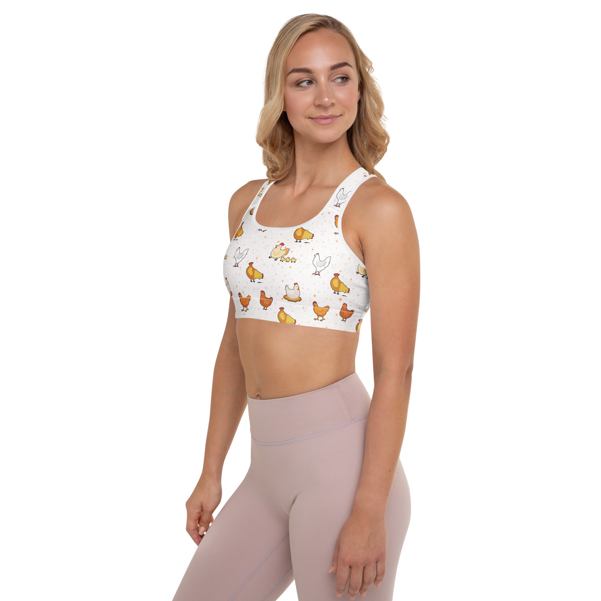 Women’s white chicken padded sports bra with colorful cartoon pattern buttery soft supportive quick-dry fabric
