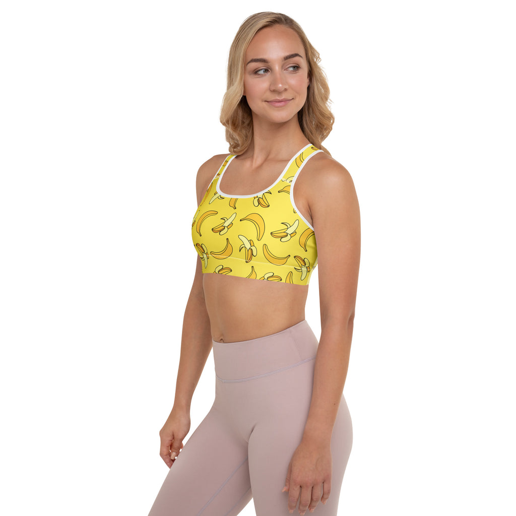 Women’s yellow banana print padded sports bra with white trim buttery soft supportive and quick dry material