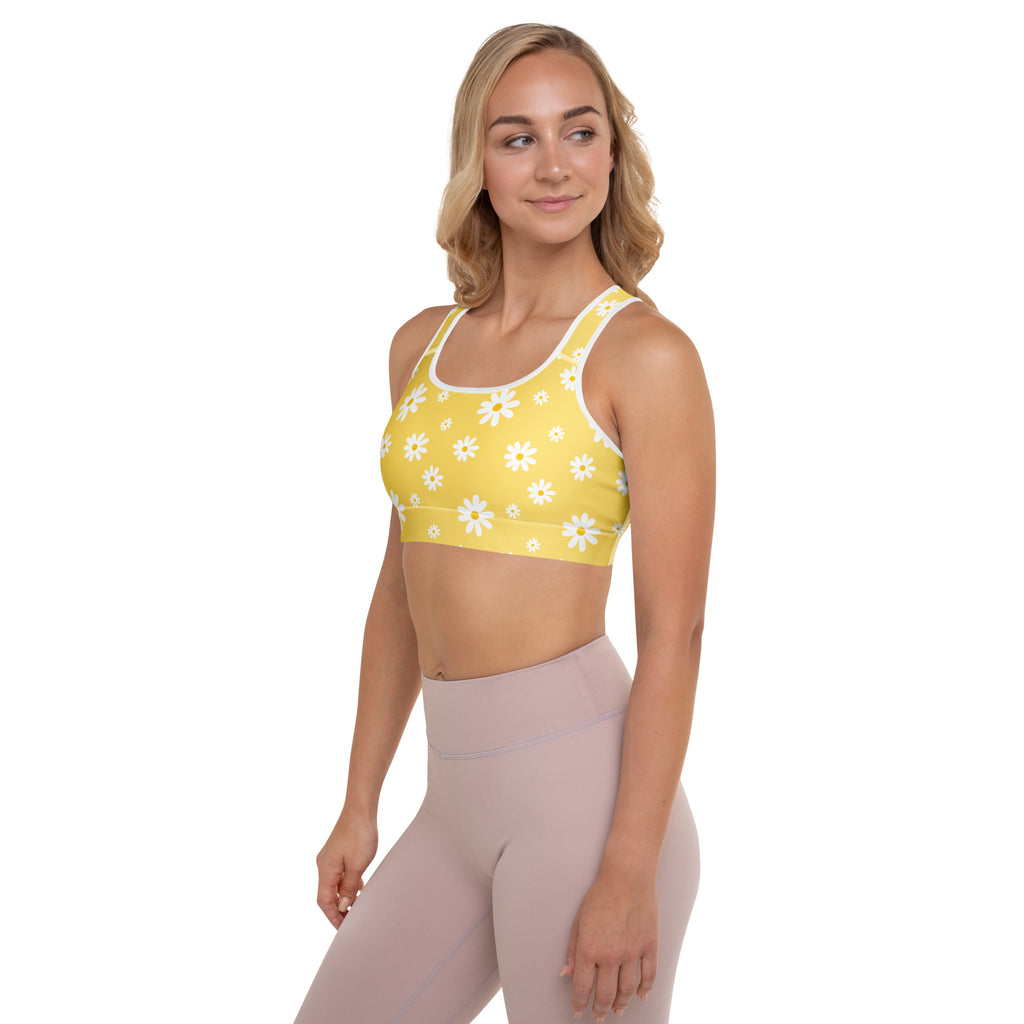 Women’s Yellow Daisy Padded Sports Bra – Buttery Soft, Supportive & Quick-Dry